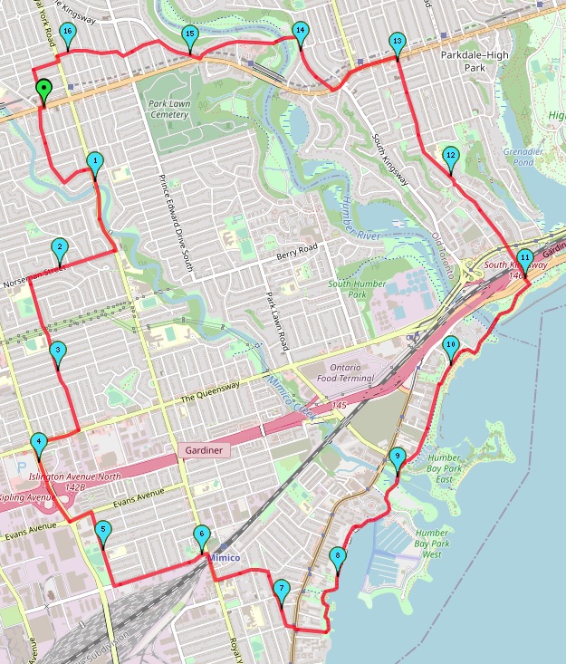 Mimico March 16.6 km route map